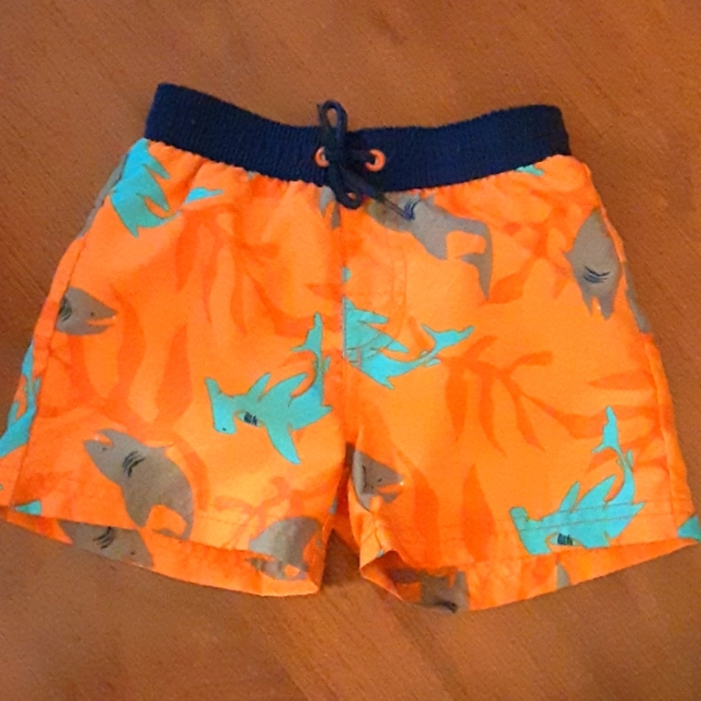 Gymboree orange blue gray shark swim trunks boys size 12-28 mo EUC …